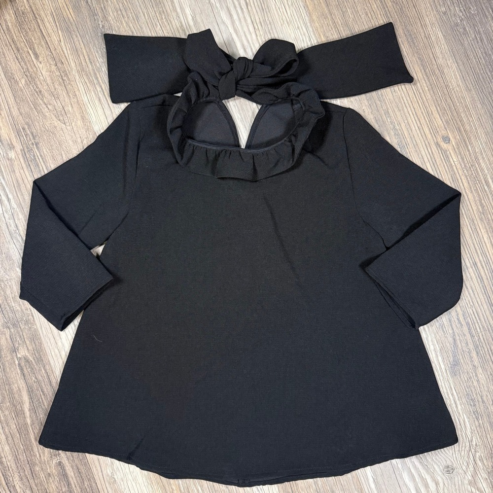 Tuckernuck Pomander Place Black Ruffle Neck Bow Back Swing Blouse Top 3/4 Sleeve